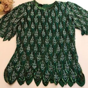 Sequin Green Beaded Short Sleeve Formal Top Elegant Green Beaded Shirt